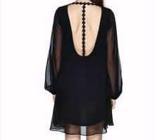Long sleeves black dress/ loose dress/ round neck/ sheer sleeves