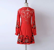 Red lace dress/ embroidered flowers/ short